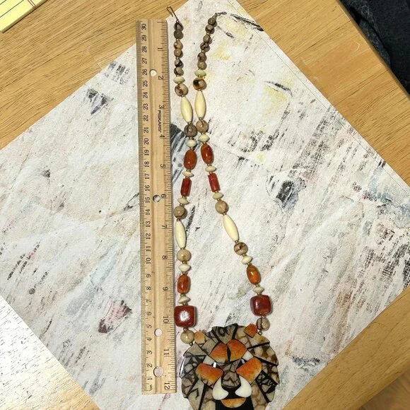 Lee Sands Designer Vintage Lion Face Stone Bead Statement Huge Necklace Retro - Picture 4 of 9